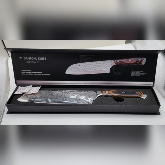 7″ Santoku Chef Knife with Red Pakka Wood Handle Damascus Steel - Picture 6 of 6